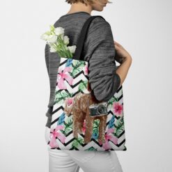 travel dogs tote labradoodle geometric tropical tote woman jumper walking view