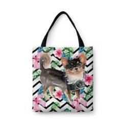 Long Haired Chihuahua Travel Style Tote Bag 45 travel dogs tote long haired chihuahua geometric tropical front view White