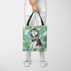 travel dogs tote malamute leaves tote woman trowsers front view