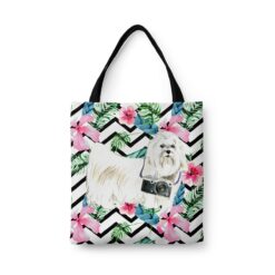 Maltese Travel Style Tote Bag 45 travel dogs tote maltese geometric tropical front view White