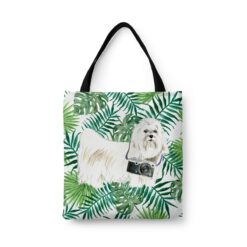Maltese Travel Style Tote Bag 46 travel dogs tote maltese leaves front view White