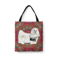 Maltese Travel Style Tote Bag 47 travel dogs tote maltese mandala front view White