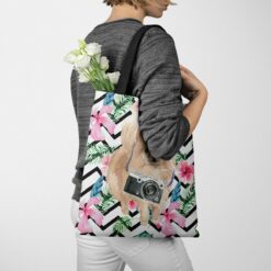 Pomeranian Travel Style Tote Bag 53 travel dogs tote pomeranian geometric tropical tote woman jumper walking view