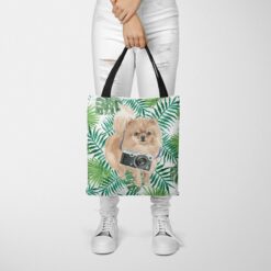 Pomeranian Travel Style Tote Bag 48 travel dogs tote pomeranian leaves tote woman trowsers front view