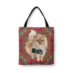 Pomeranian Travel Style Tote Bag 47 travel dogs tote pomeranian mandala front view White