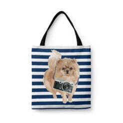 Pomeranian Travel Style Tote Bag 41 travel dogs tote pomeranian nautical stripes front view White