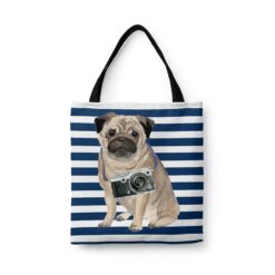 Pug Travel Style Tote Bag 41 travel dogs tote pug nautical stripes front view White