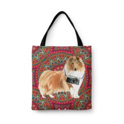 travel dogs tote rough collie mandala front view White