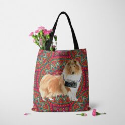 travel dogs tote rough collie mandala tote standing carnations