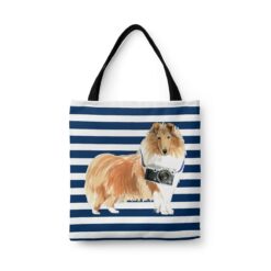 travel dogs tote rough collie nautical stripes front view White