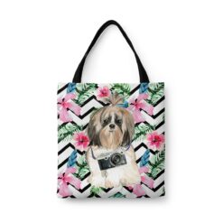 Shih tzu Long hair Travel Style Tote Bag 45 travel dogs tote shih tzu long hair geometric tropical front view White