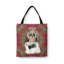 Shih tzu Long hair Travel Style Tote Bag 47 travel dogs tote shih tzu long hair mandala front view White