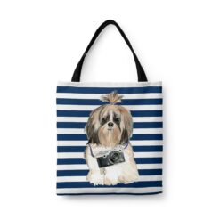 Shih tzu Long hair Travel Style Tote Bag 41 travel dogs tote shih tzu long hair nautical stripes front view White