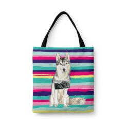Siberian Husky Travel Style Tote Bag 44 travel dogs tote siberian husky beach front view White