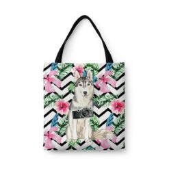 Siberian Husky Travel Style Tote Bag 45 travel dogs tote siberian husky geometric tropical front view White