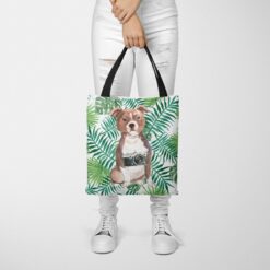travel dogs tote staffordshire bull terrier leaves tote woman trowsers front view