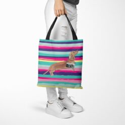 travel dogs tote tan dachshund beach tote woman trowsers walking view