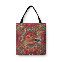 travel dogs tote tan dachshund mandala front view White