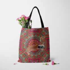 travel dogs tote tan dachshund mandala tote standing carnations
