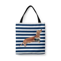 travel dogs tote tan dachshund nautical stripes front view White