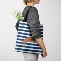 travel dogs tote tan dachshund nautical stripes tote woman jumper view