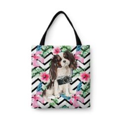 travel dogs tote tri colour king charles spaniel geometric tropical front view White