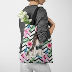 travel dogs tote tri colour king charles spaniel geometric tropical tote woman jumper walking view