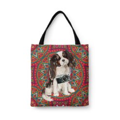 travel dogs tote tri colour king charles spaniel mandala front view White
