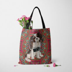 travel dogs tote tri colour king charles spaniel mandala tote standing carnations