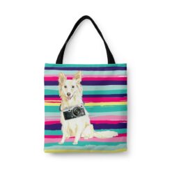 travel dogs tote white collie beach front view White