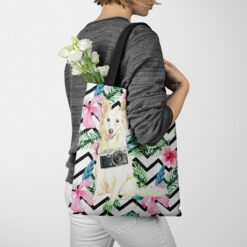travel dogs tote white collie geometric tropical tote woman jumper walking view