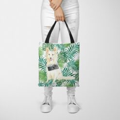 travel dogs tote white collie leaves tote woman trowsers front view