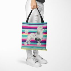 travel dogs tote white poodle beach tote woman trowsers walking view