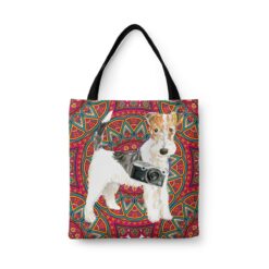Wire Haired Fox Terrier Travel Style Tote Bag 47 travel dogs tote wire haired fox terrier mandala front view White