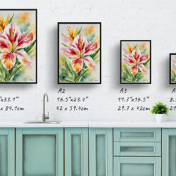 Alstroemeria Watercolour Botanical Art Print - Peruvian Lily of the Incas Framed Plant Wall Art 9 watercolour botanical print flowers alstroemeria print size comparison