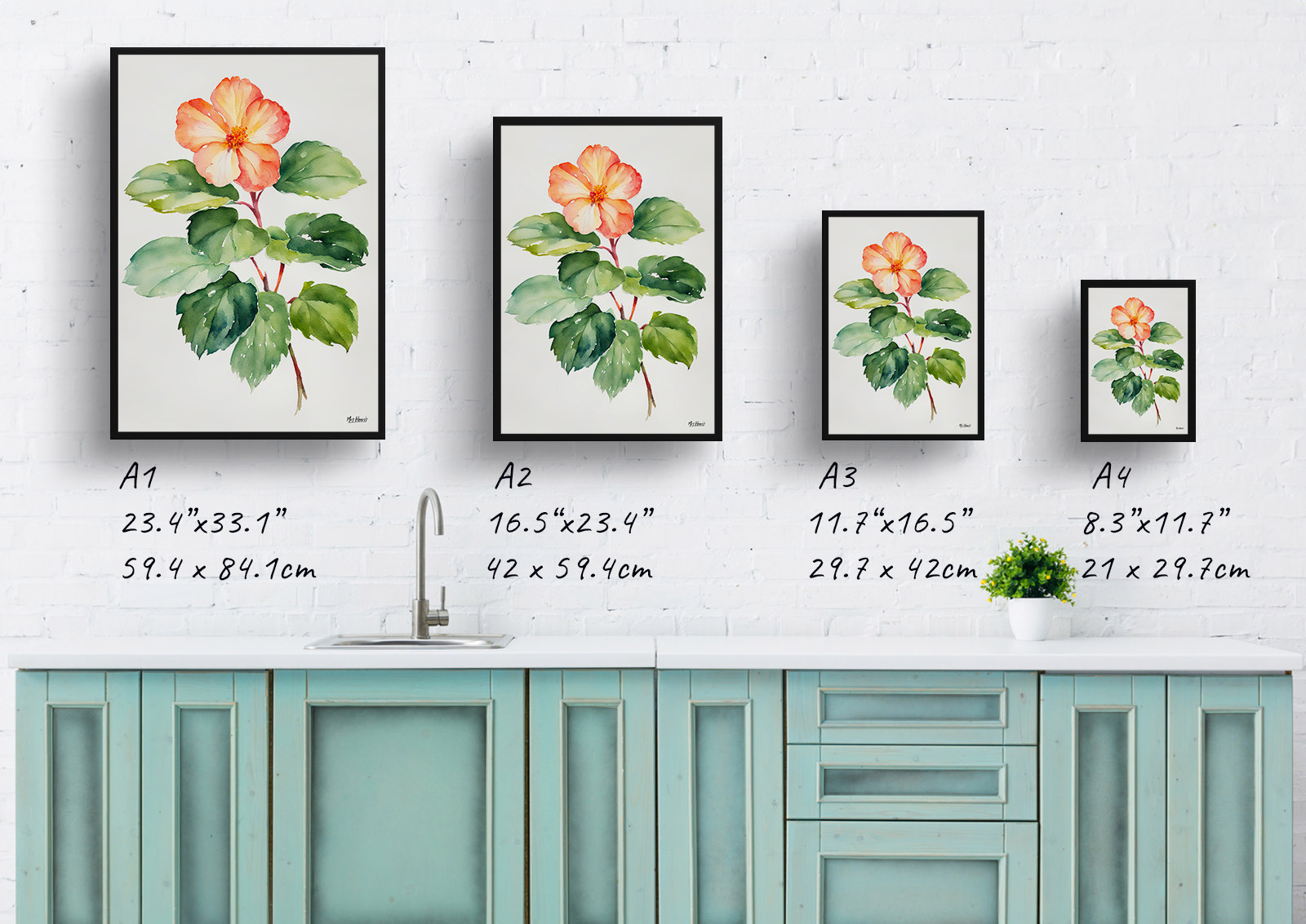 Begonia Minimalist Watercolour Botanical Art Print - Wax semperflorens Framed Plant Wall Art 6 Begonia Minimalist Watercolour Botanical Art Print - Wax semperflorens Framed Plant Wall Art - Image 4