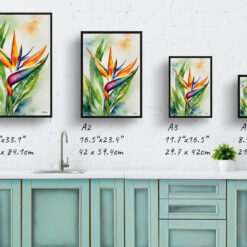 Bird of Paradise Watercolour Botanical Art Print - Crane Flower Strelitzia Reginae Framed Plant Wall Art 9 watercolour botanical print flowers bird of paradise print size comparison