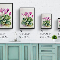 Cyclamen Coum Minimalist Watercolour Botanical Art Print - Persian Violet Framed Plant Wall Art 9 watercolour botanical print flowers cyclamen coum minimalist print size comparison