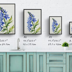 watercolour botanical print flowers delphinium cassius minimalist print size comparison