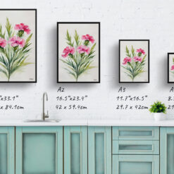 Dianthus Devon Wizard Minimalist Watercolour Botanical Art Print - Pink Framed Plant Wall Art 9 watercolour botanical print flowers dianthus devon wizard minimalist print size comparison