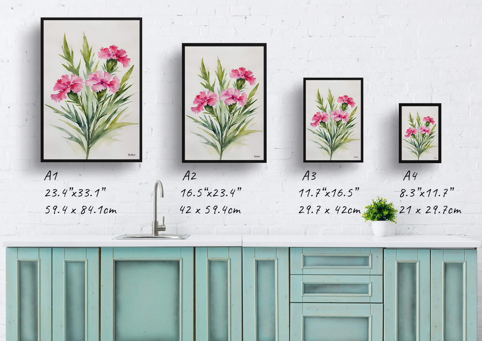 Dianthus Devon Wizard Minimalist Watercolour Botanical Art Print - Pink Framed Plant Wall Art 6 Dianthus Devon Wizard Minimalist Watercolour Botanical Art Print - Pink Framed Plant Wall Art - Image 4
