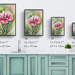 Dianthus Devon Wizard Watercolour Botanical Art Print - Pink Framed Plant Wall Art 9 watercolour botanical print flowers dianthus devon wizard print size comparison