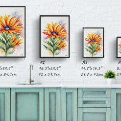 watercolour botanical print flowers gazania minimalist print size comparison