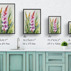 Gladiolus Communis Byzantinus Watercolour Botanical Art Print - Sword Lily Framed Plant Wall Art 9 watercolour botanical print flowers gladiolus communis byzantinus print size comparison