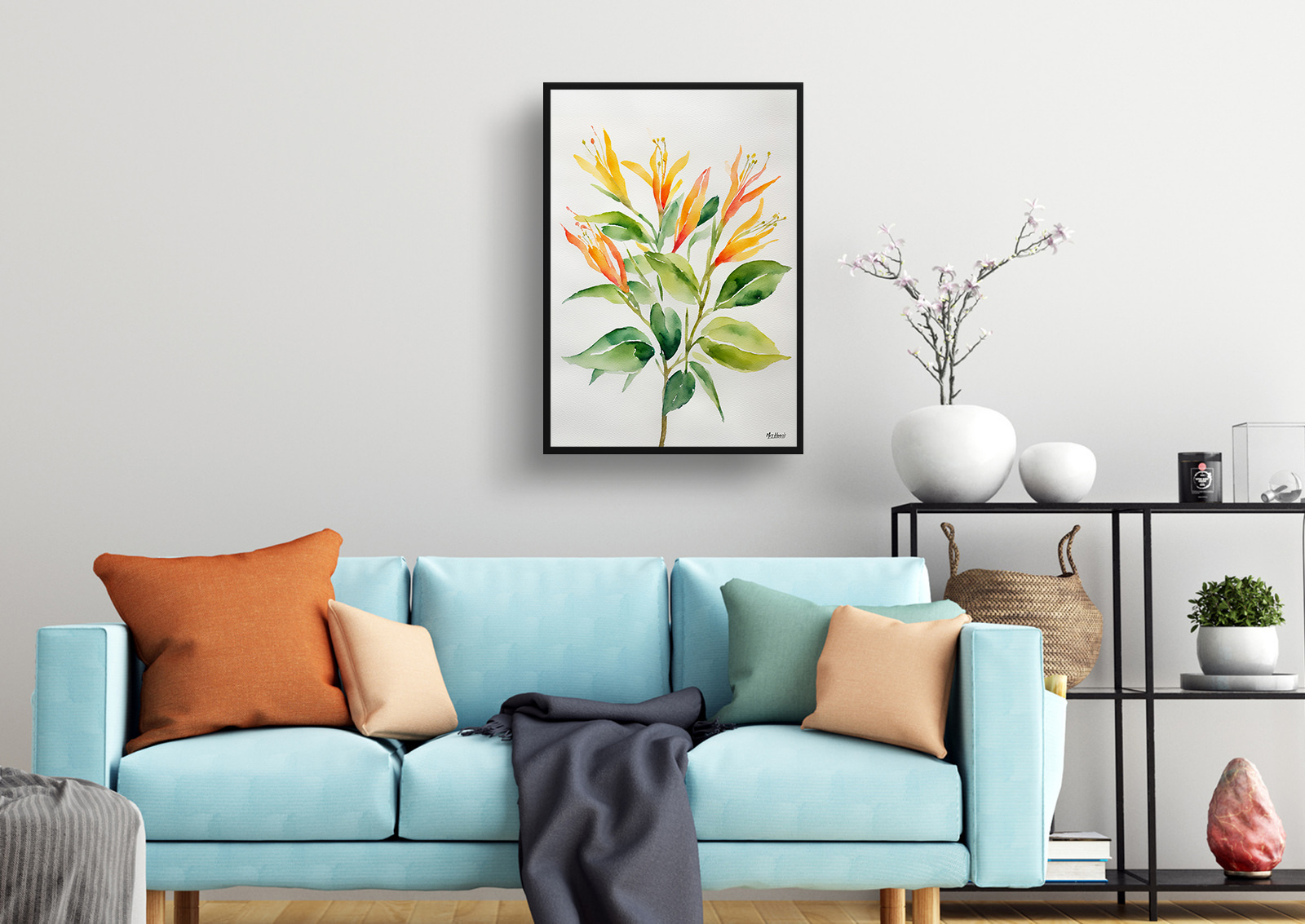 Honeysuckle Minimalist Watercolour Botanical Art Print - Trumpet Flower Framed Plant Wall Art 4 Honeysuckle Minimalist Watercolour Botanical Art Print - Trumpet Flower Framed Plant Wall Art - Image 2