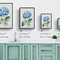 watercolour botanical print flowers hydrangea minimalist print size comparison