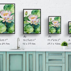 watercolour botanical print flowers lotus flower print size comparison