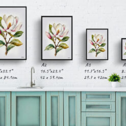 Magnolia Minimalist Watercolour Botanical Art Print - Evergreen Bull Bay Framed Plant Wall Art 9 watercolour botanical print flowers magnolia minimalist print size comparison