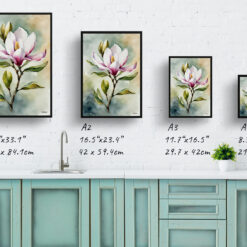 Magnolia Watercolour Botanical Art Print - Evergreen Bull Bay Framed Plant Wall Art 9 watercolour botanical print flowers magnolia print size comparison