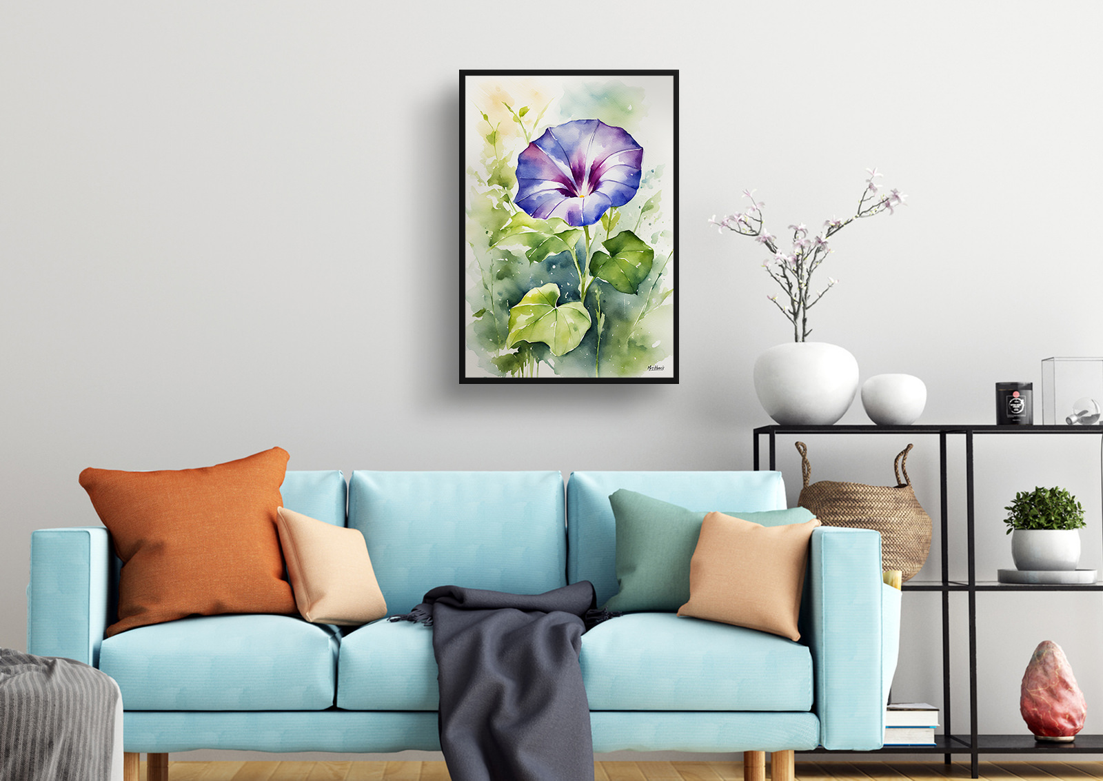 Morning Glory Watercolour Botanical Art Print - Blue Framed Plant Wall Art 4 Morning Glory Watercolour Botanical Art Print - Blue Framed Plant Wall Art - Image 2
